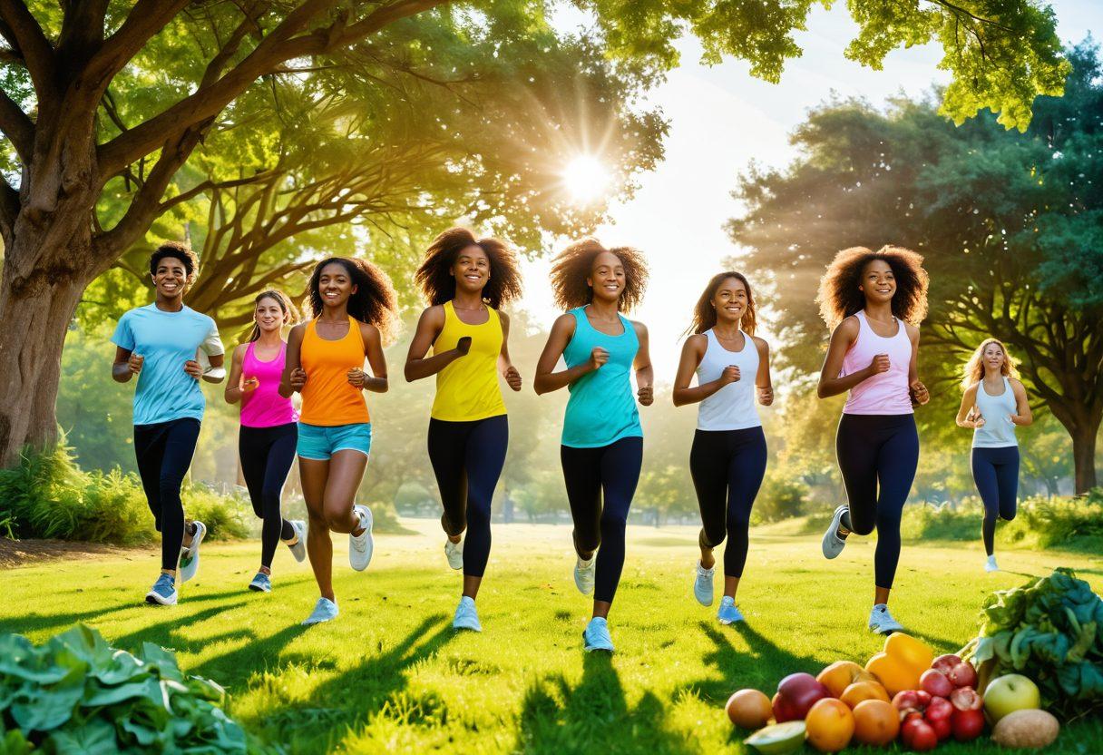A vibrant scene depicting a group of diverse teenagers engaging in various healthy activities like jogging, yoga, and cooking fresh meals together, symbolizing empowerment and triumph over adversity. The background features a bright sun shining over a lush green park, conveying a sense of hope and vitality. Include elements like colorful fruits and vegetables, and uplifting words about health and resilience subtly integrated into the landscape. super-realistic. vibrant colors. dynamic composition.