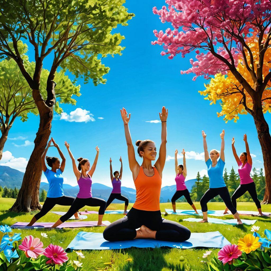 A vibrant and hopeful scene depicting diverse youth engaging in various wellness activities such as yoga, healthy cooking, and outdoor sports. In the background, a clear blue sky with symbolic cancer awareness ribbons woven through trees and flowers. The atmosphere conveys positivity, community, and vitality, inviting a sense of empowerment and education about health. color illustration. bright colors. 3D effect.